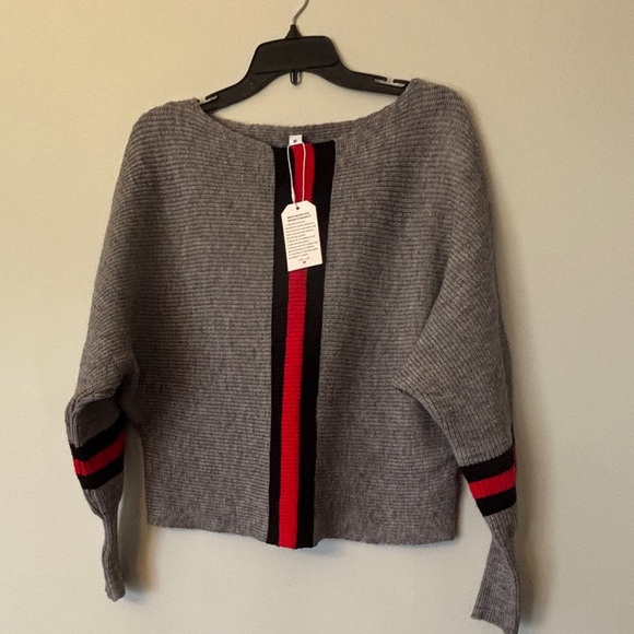 Made with Love Sweaters - Gray Crewneck Sweater with Red & Black Stripe Detail